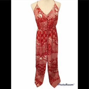 Fate Maxi Dress Red & Cream V Neck Sundress Front Slit Spaghetti Straps M👍